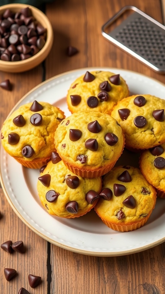 A plate of zucchini chocolate chip muffins, golden brown with chocolate chips, on a rustic table.